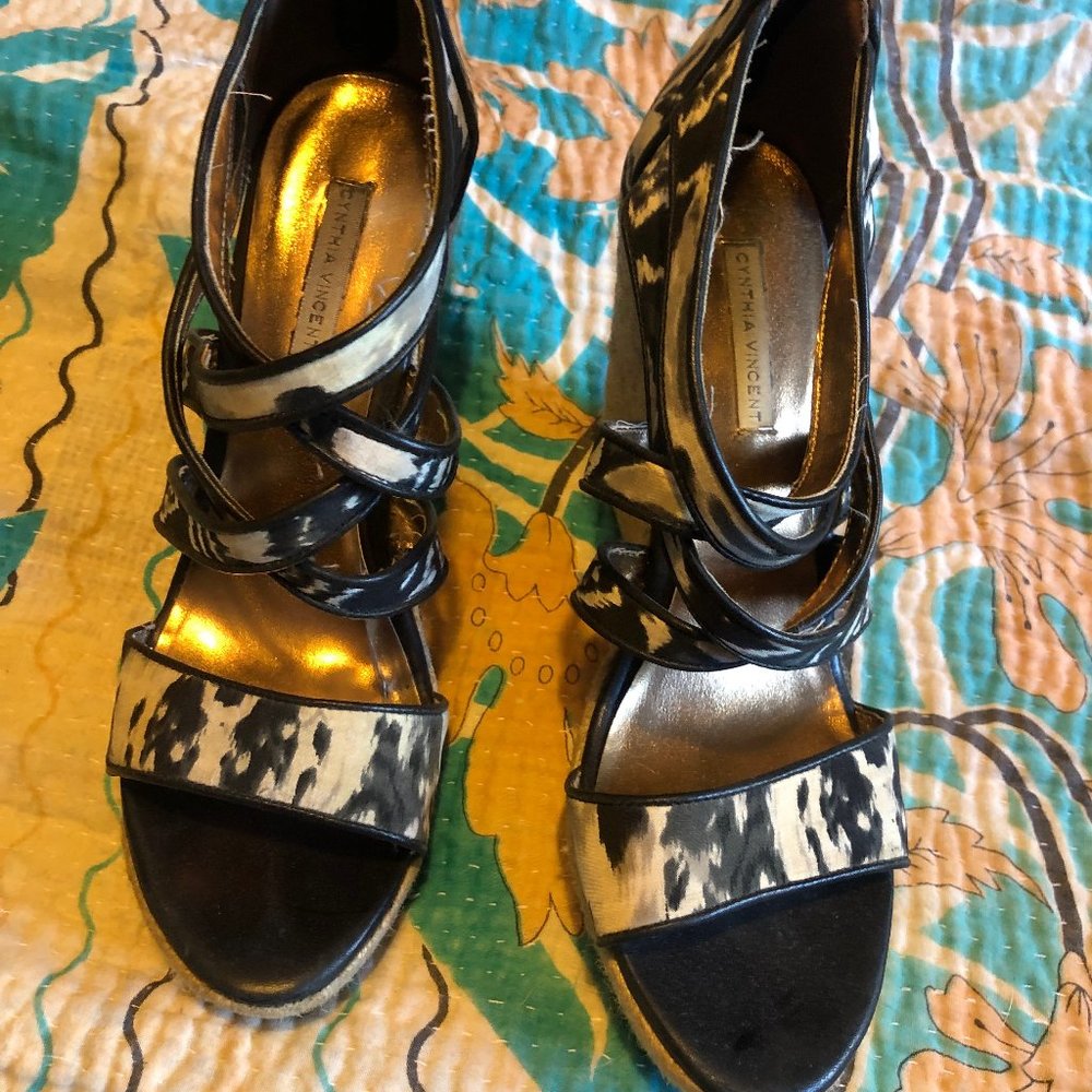 black and white silk and leather wedge